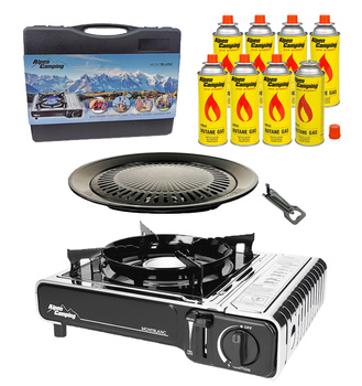 ALPEN CAMPING Kuchenka turystyczna MONT BLANC x1 +  ALPEN CAMPING Kartusz Gazowy IK1004 400ml 227g x8 + IMEX Nakładka grillowa 30,5cm x1