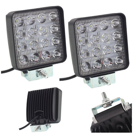 HERMON Lampa robocza prostokątna 16 LED 9-32V 16x3W 107x107x58mm z otworami x2