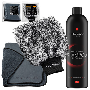 FRESSO Shampoo Premium szampon samochodowy 1 L + FRESSO Rękawica z mikrofibry Cody Wash Mitt 19x28 cm , 90 g/m2 + FRESSO Ręcznik do osuszania Ashton Drying Towel 90x60 cm , 600 g/m2