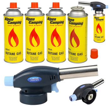 FLAME GUN Palnik gazowy z piezo zapalarką 915 x1 +  ALPEN CAMPING Kartusz Gazowy IK1004 400ml 227g x4