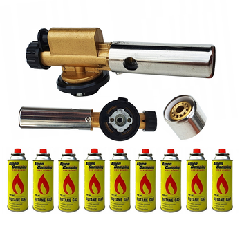 FLAME GUN Palnik gazowy z piezo zapalarką żeliwny + ALPEN CAMPING Kartusz Gazowy IK1004 400ml 227g x9