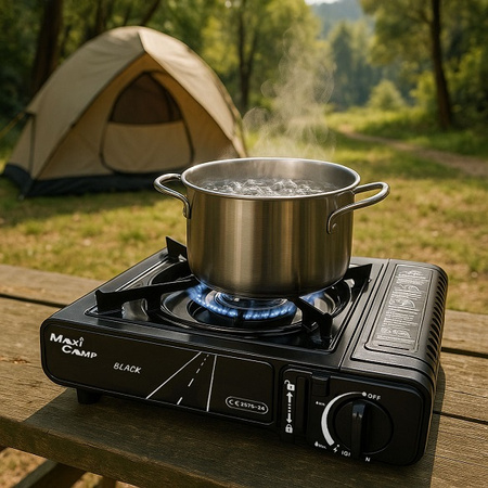 MaxiCamp Kuchenka turystyczna gazowa na kartusz BLACK + Nakładka grillowa + Osłona przeciwwiatrowa