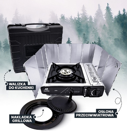 MaxiCamp Kuchenka turystyczna gazowa na kartusz INOX + Nakładka grillowa + Osłona przeciwwiatrowa