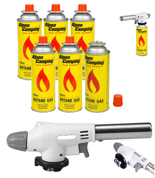 FLAME GUN Palnik gazowy z piezo zapalarką 920 x1 +  ALPEN CAMPING Kartusz Gazowy IK1004 400ml 227g x6