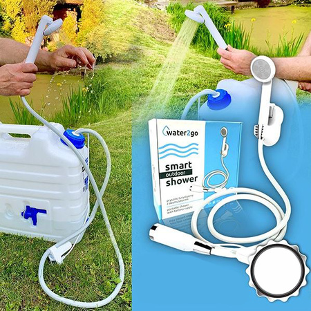 SimplyCan Prysznic turystyczny bezprzewodowy z akumulatorem Water2go + Pojemnik na wodę pitną 10L ATEST kanister z kranikiem (max. 12L)