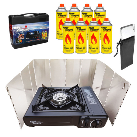 ALPEN CAMPING Kuchenka turystyczna TYROL IK002 x1 +  ALPEN CAMPING Osłona przeciwwiatrowa do kuchenki turystycznej + ALPEN CAMPING Kartusz Gazowy IK1004 400ml 227g x8